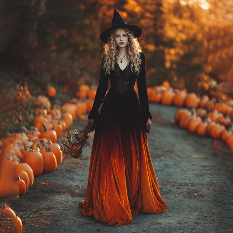Women's  Vintage Halloween Gradient Art Comfy Velvet Maxi Dress