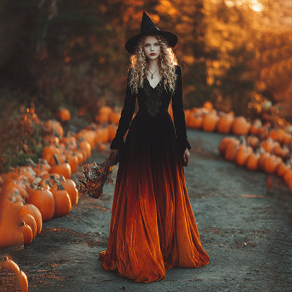 Women's  Vintage Halloween Gradient Art Comfy Velvet Maxi Dress