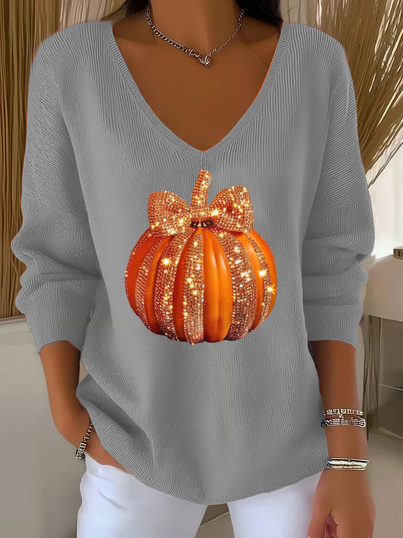 Women's Autumn Sequin Pumpkin Print V-Neck T-Shirt