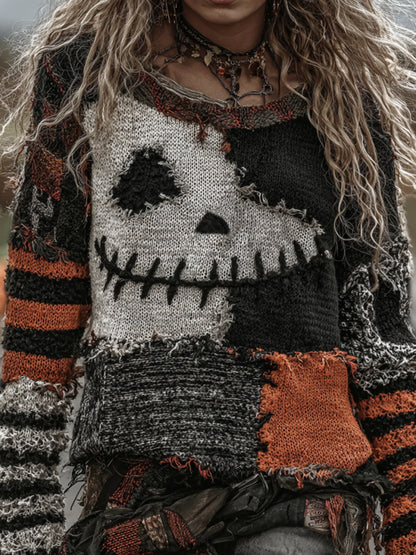 Halloween Pumpkin Face Art Cozy Knit Sweater