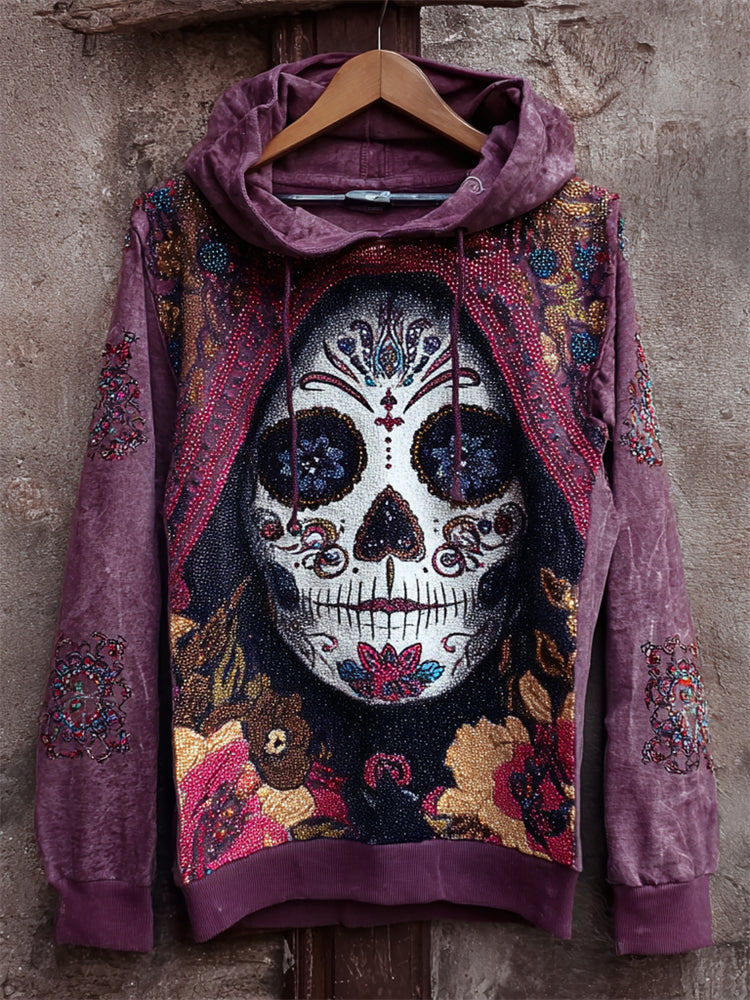 Day Of The Dead Glitter Sugar Skull Woman Floral Hoodie