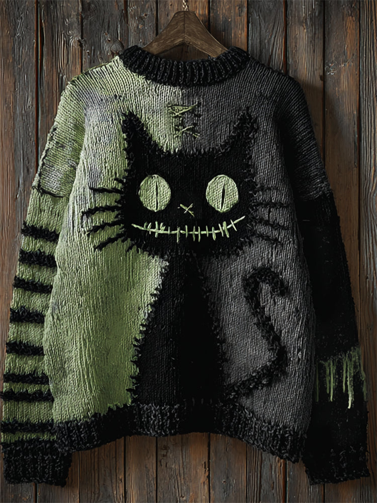 Halloween Black Cat Stitched Contrast Stitched Cozy Knit Sweater