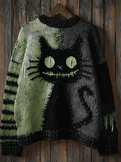 Halloween Black Cat Stitched Contrast Stitched Cozy Knit Sweater