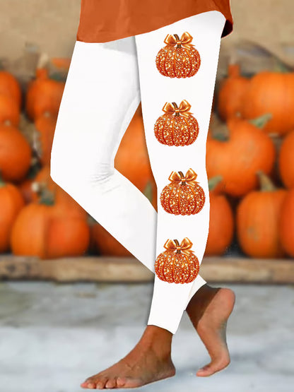 Women's Autumn Sequin Pumpkin Print Skinny High-Stretch Leggings