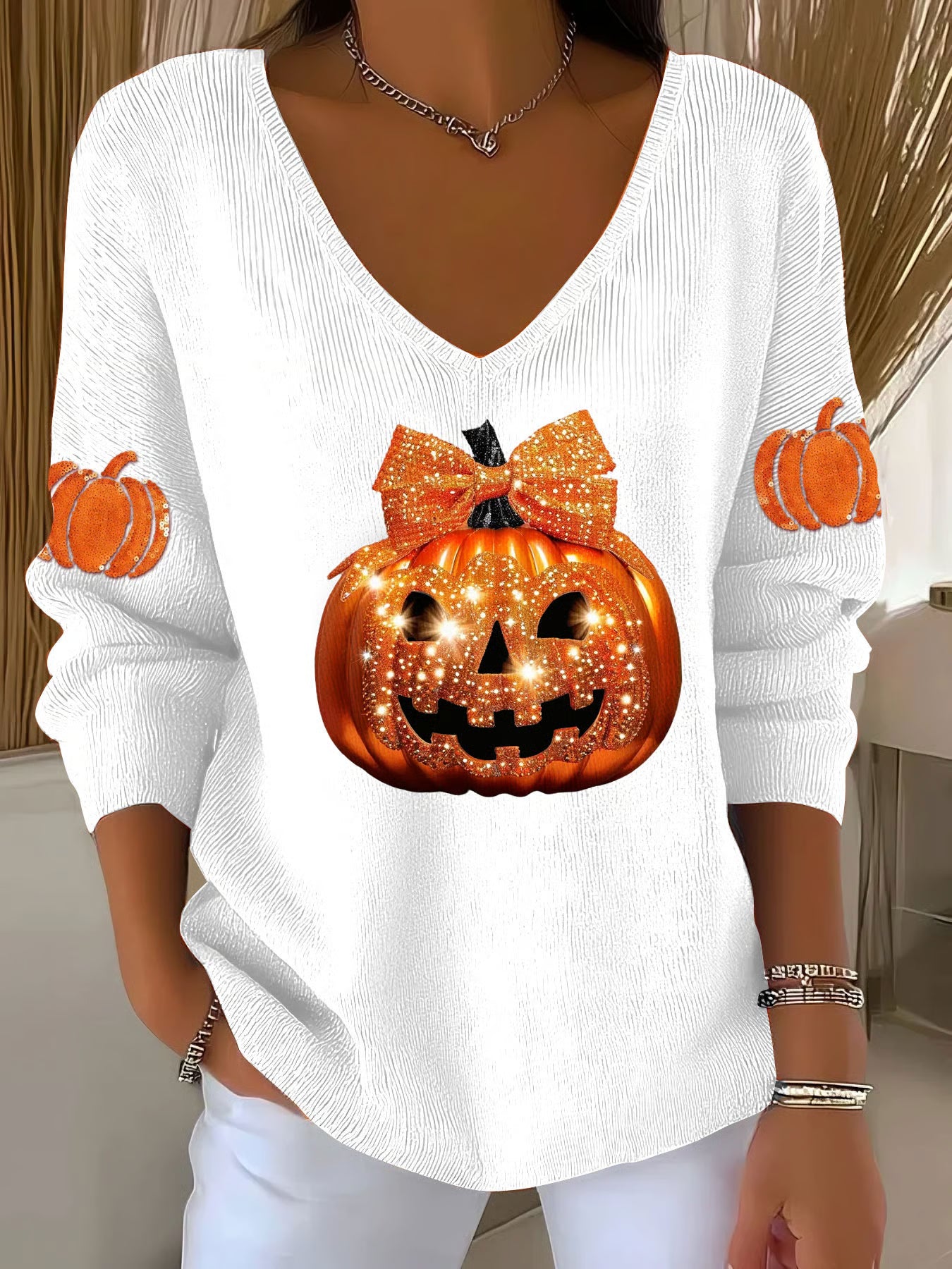 Women's Autumn Halloween Sequined Pumpkin Print V-Neck T-Shirt