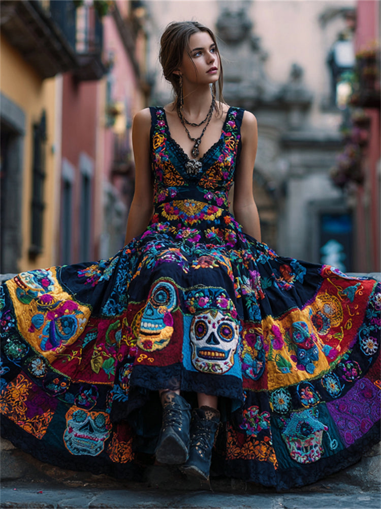 Day Of The Dead Sugar Skulls Floral Embroidered Patchwork Linen Maxi Dress
