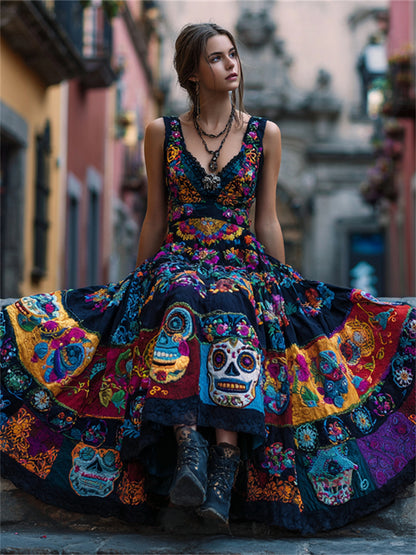 Day Of The Dead Sugar Skulls Floral Embroidered Patchwork Linen Maxi Dress