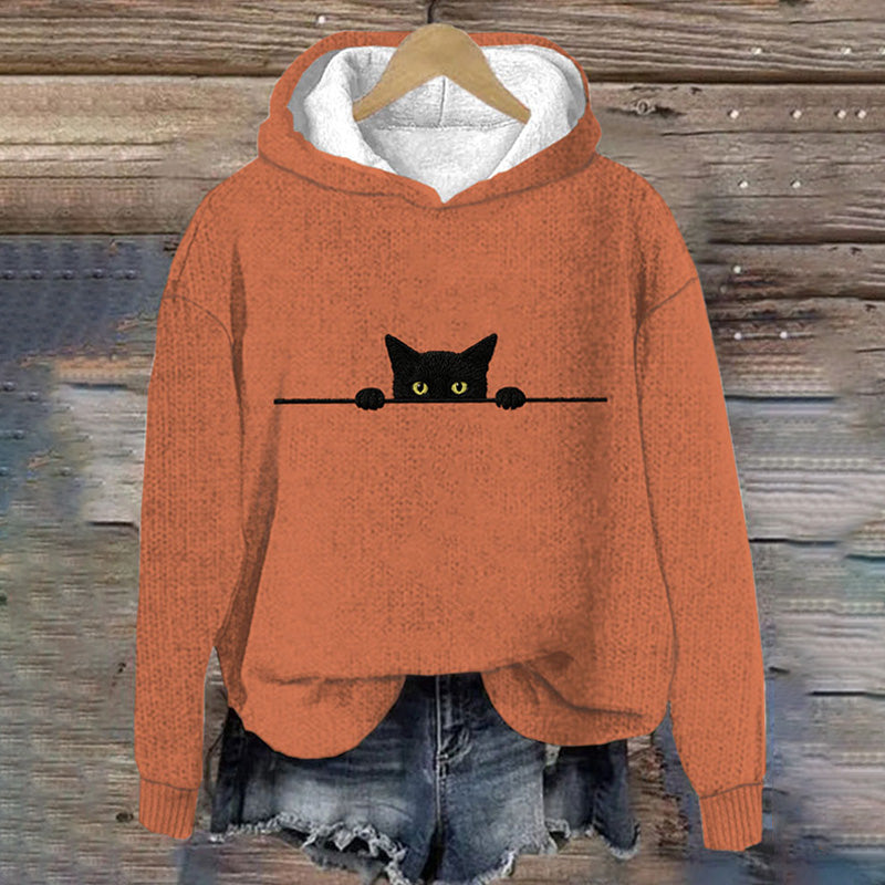 Women's Casual Funny Black Cat Print Hood Sweater