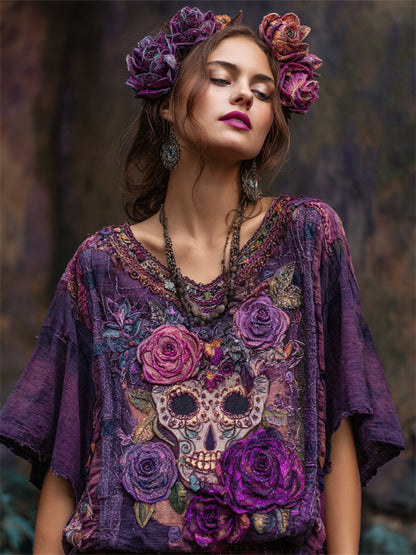 Day Of The Dead Glitter Purple Roses Sugar Skull Fiber Art Linen Shirt