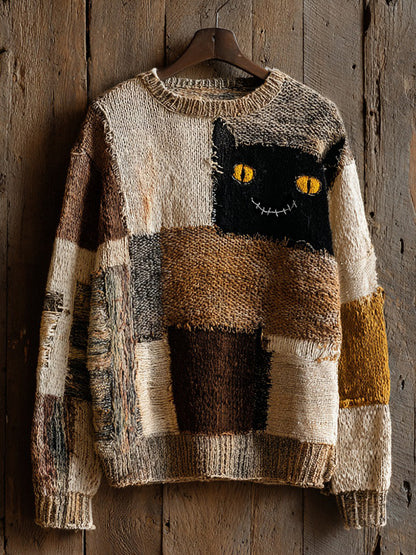 Halloween Abstract Black Cat Smiling Face Contrast Stitched Cozy Knit Sweater