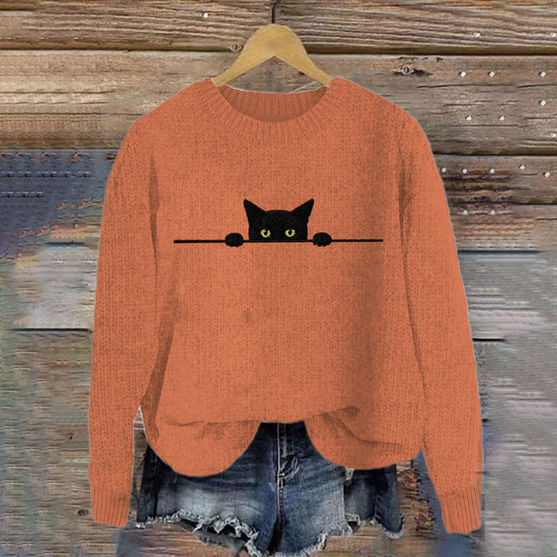 Women's Casual Funny Black Cat Print Sweater