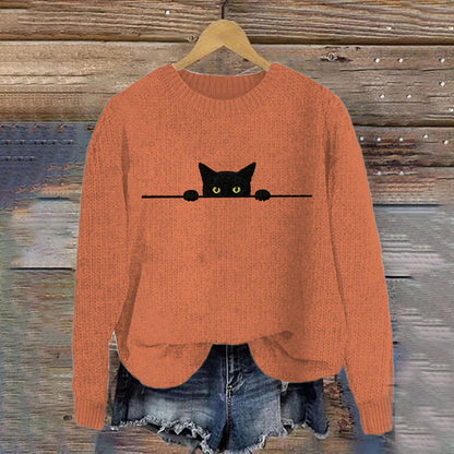 Women's Casual Funny Black Cat Print Sweater