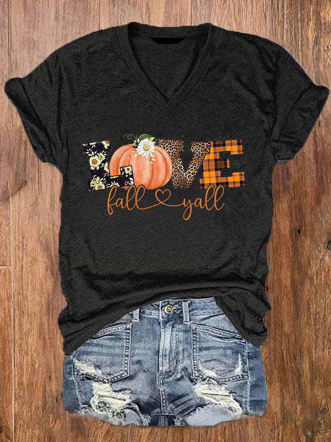 Women's Love Fall Y'all Print V-Neck Tee