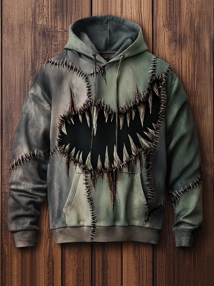 Men's Retro Halloween Dark Mouth Stitching Patchwork Colorblocking Art Print Hooded Sweatshirt