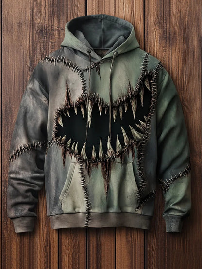 Men's Retro Halloween Dark Mouth Stitching Patchwork Colorblocking Art Print Hooded Sweatshirt