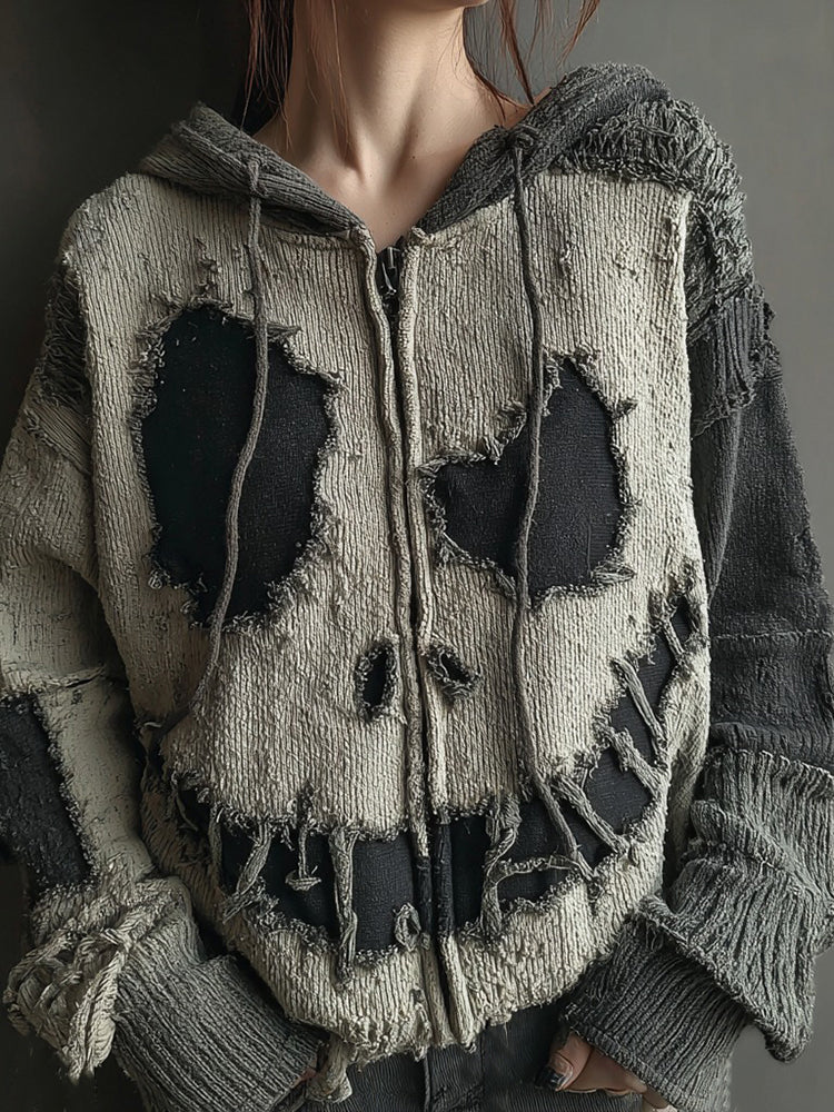 Halloween Spooky Smiley Face Knitted Warm Hooded Zip-up Sweater
