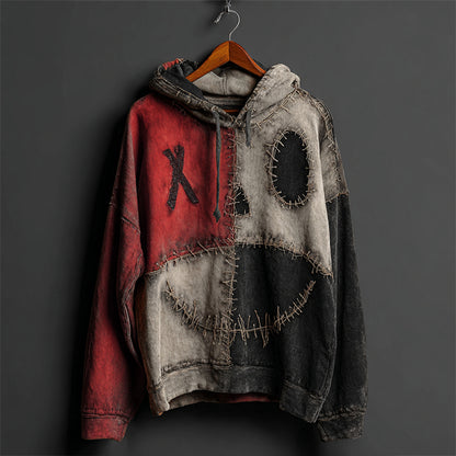 Halloween Pumpkin Face Colorblock Patchwork Hoodie