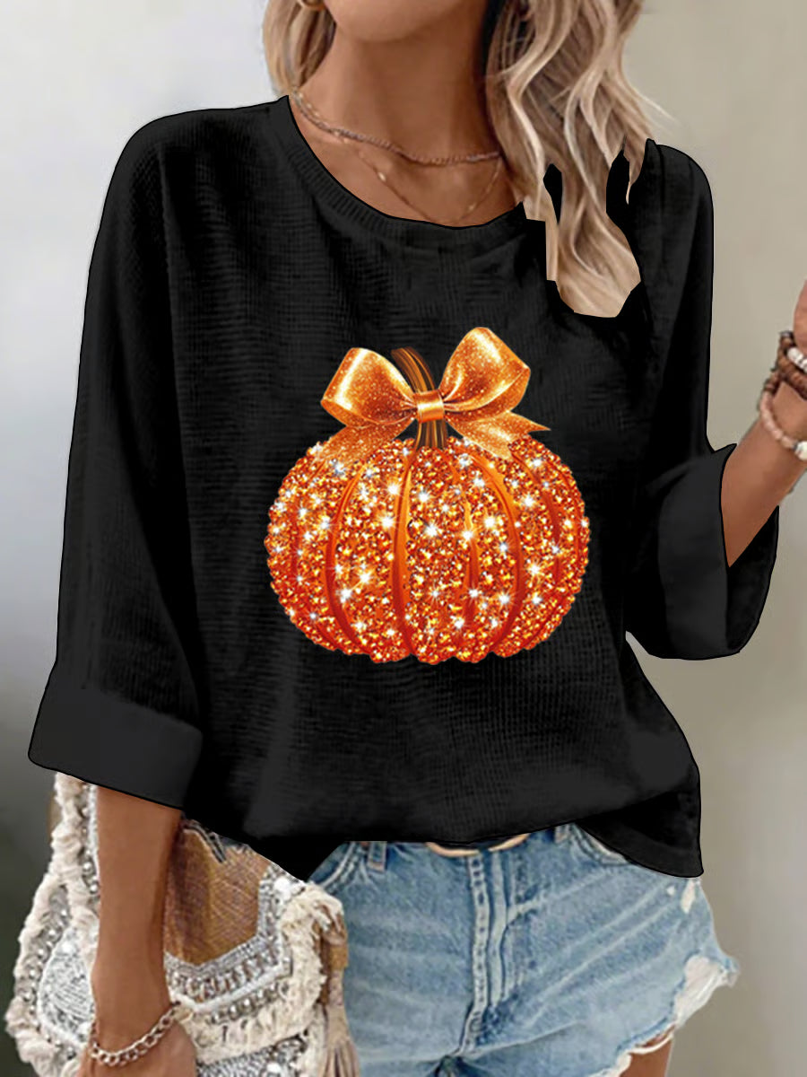 Women's Autumn Sequin Pumpkin Print Waffle Fabric 3/4 Sleeve Top