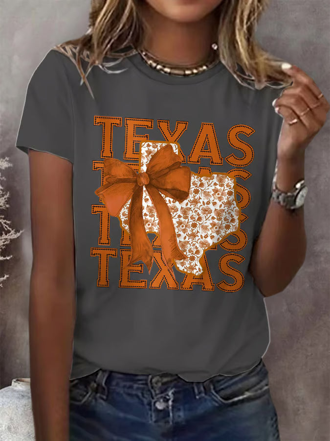 Retro Texas Autumn Burnt Orange Coquette Bow Print T-Shirt