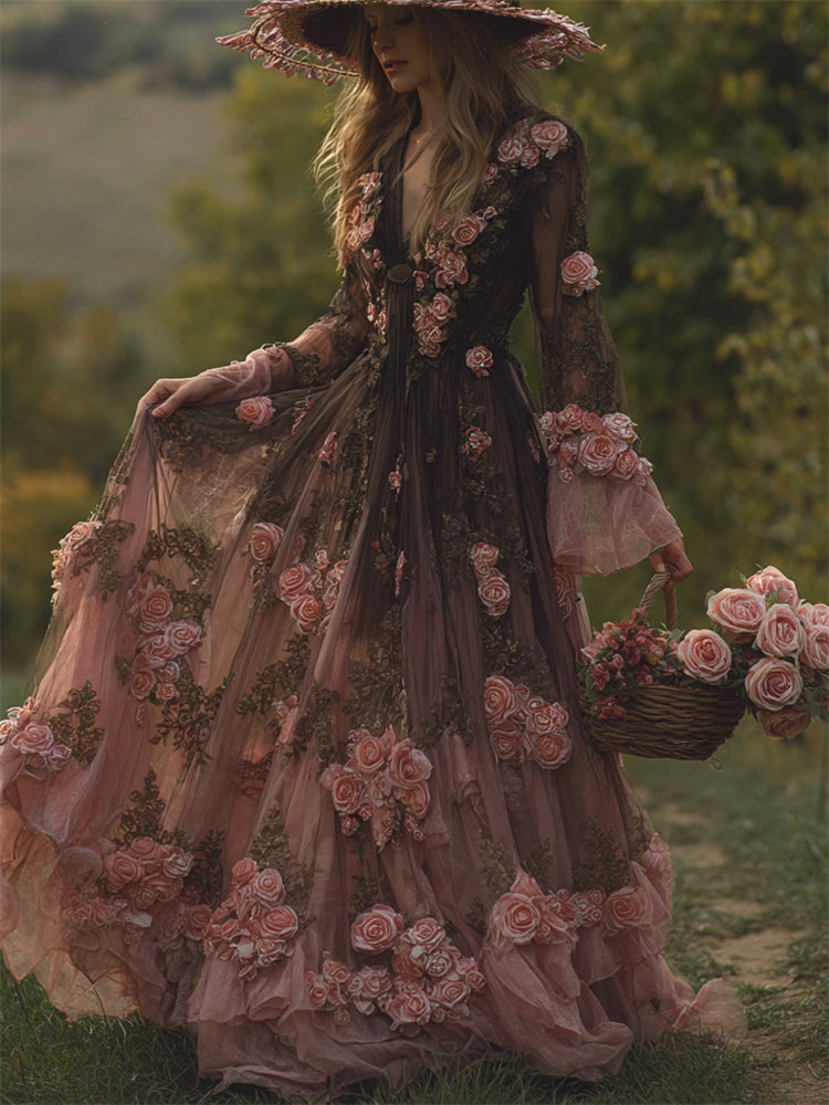 Vintage Pink Roses Gradient Flowy Maxi Dress