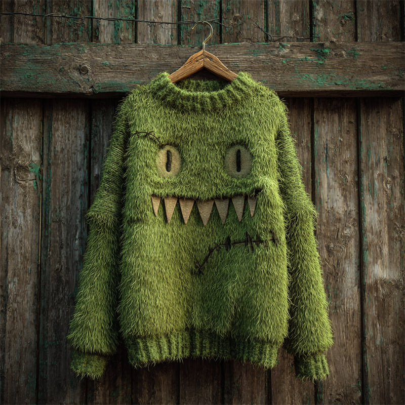 Halloween Fuzzy Monster Inspired Stitched Cozy Knit Sweater