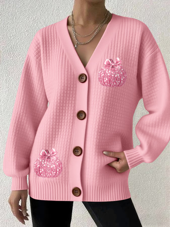 Women's Breast Cancer Sequin Pumpkin Print Checkered Sweatshirt Cardigan