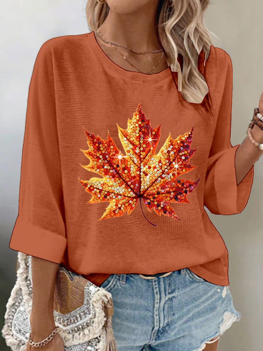 Women's Autumn Sequin Maple Leaf Print Waffle Fabric 3/4 Sleeve Top