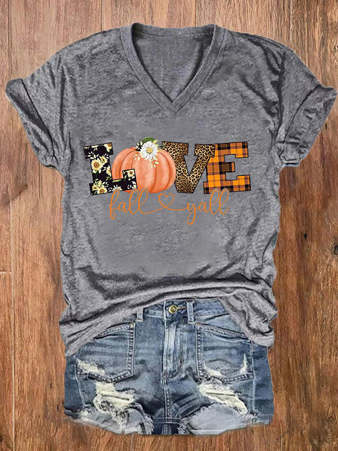 Women's Love Fall Y'all Print V-Neck Tee