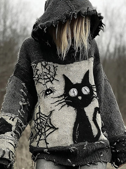 Halloween Scared Black Cat Patchwork Stitched Cozy Knit Hooded