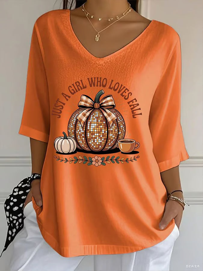 Women'S Casual Autumn Pumpkin V-Neck T-Shirt