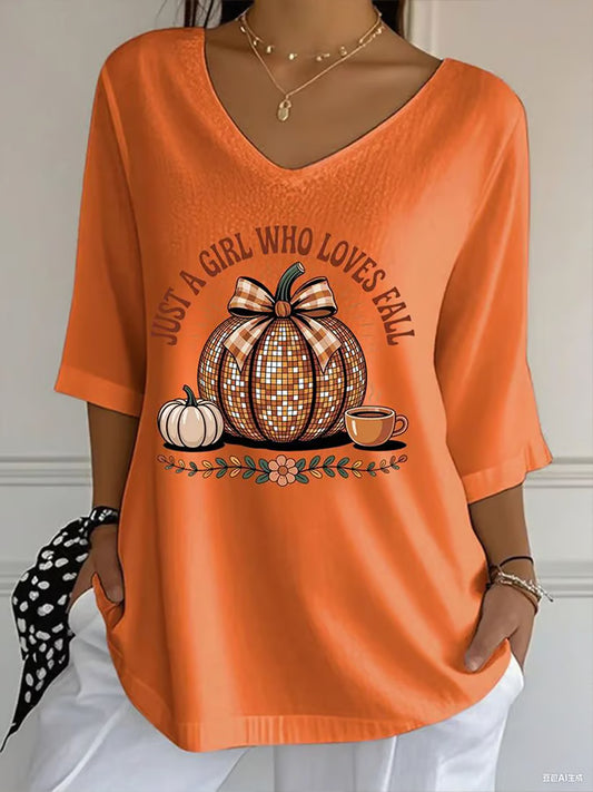 Women'S Casual Autumn Pumpkin V-Neck T-Shirt
