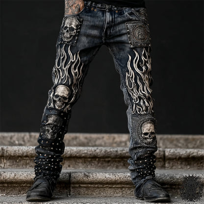 Men's Skulls & Flame Rock Style Studded Washed Jeans