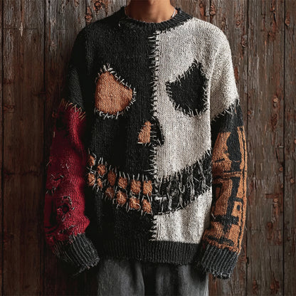 Halloween Pumpkin Skull Emoji Vintage Patchwork Men's Sweater