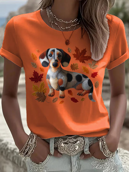Women's Autumn Dog Print Crew Neck T-Shirt