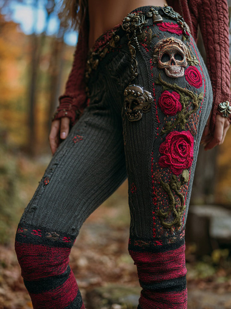 Women's Vintage Sugar Skull Rose Pattern Comfort Leggings