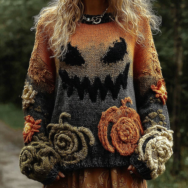 Halloween Pumpkin Evil Face Art Cozy Knit Sweater