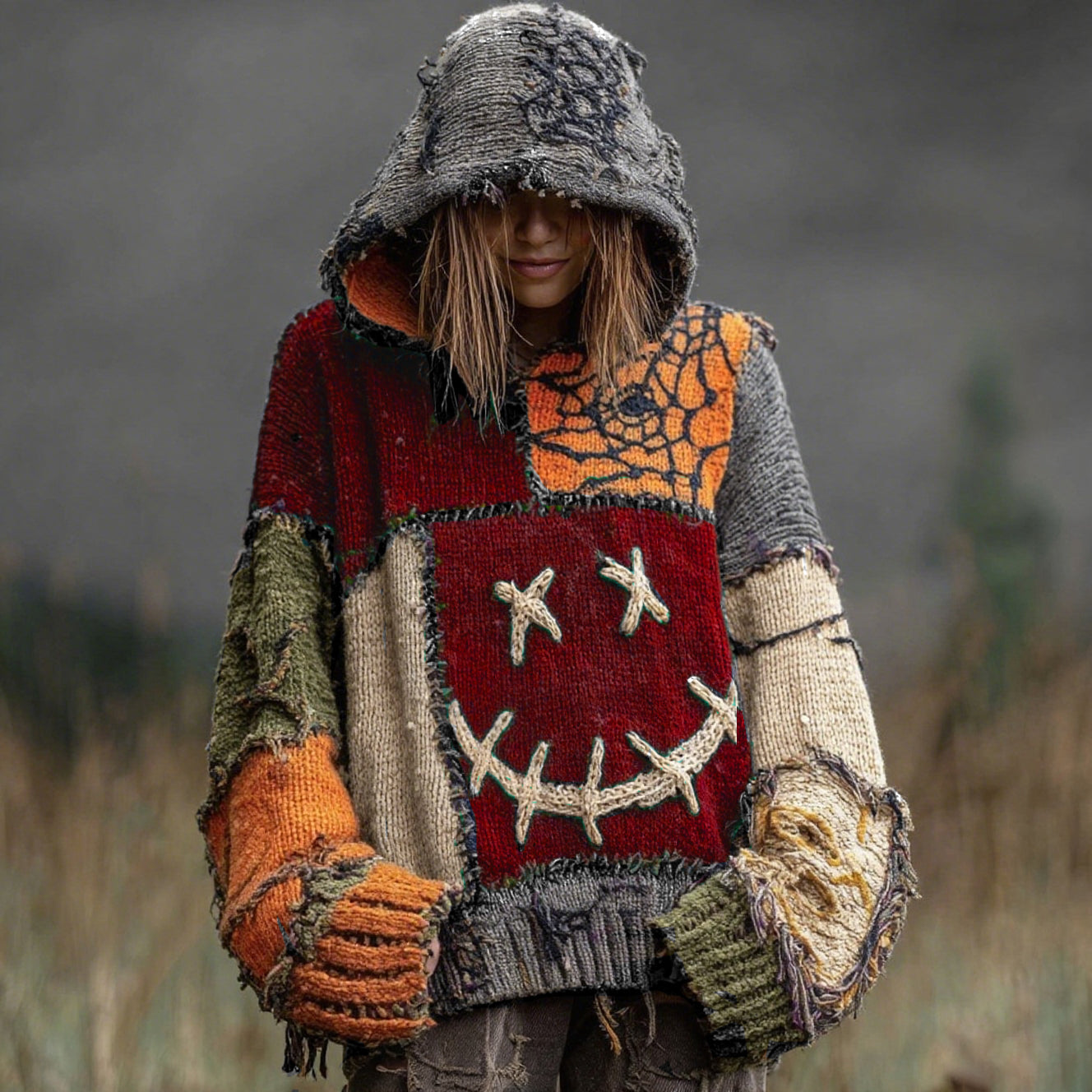 Halloween Spooky Face And Spider Web Patchwork Design Cozy Knit Hooded