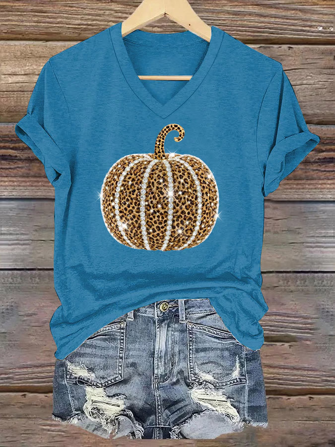 Women's Autumn Rhinestone Pumpkin Print V-Neck Short-Sleeved T-Shirt