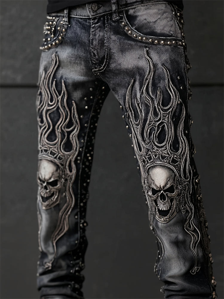 Men's Skulls & Flame Contrast Rock Studded Washed Jeans