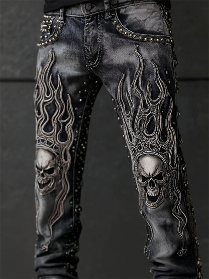 Men's Skulls & Flame Contrast Rock Studded Washed Jeans