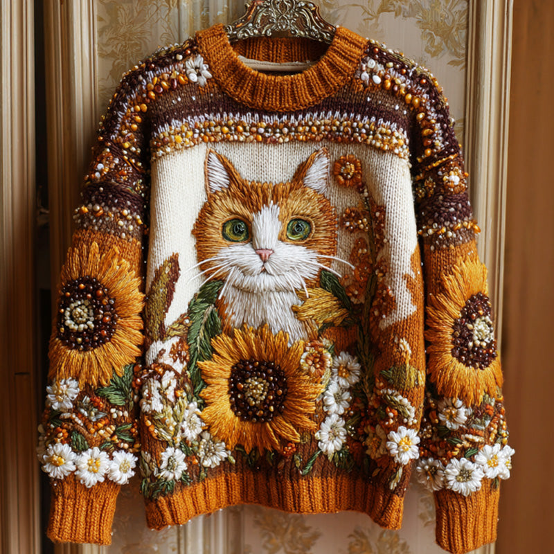 Women's Vintage Halloween Sunflower And Cat Embroidered Sweater