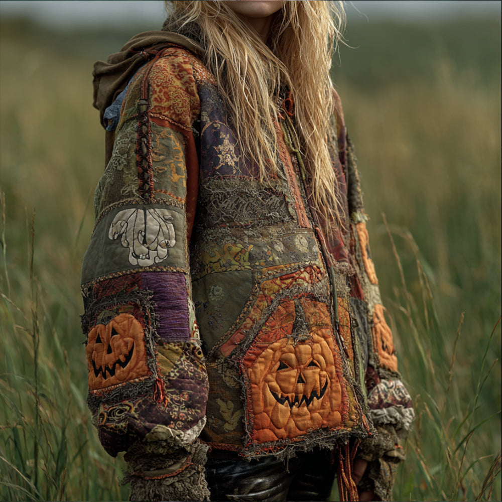 Women's Vintage-style, Distressed Patchwork Halloween Pumpkin Pattern Hoodie