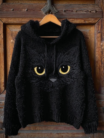 Lovely Black Cat Face Fuzzy Cozy Knit Hooded Sweater