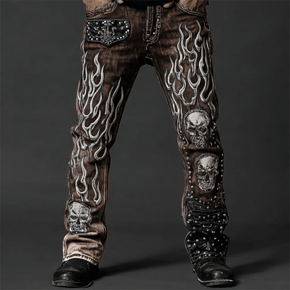 Men's Skulls On Flame Rock Studded Washed Jeans