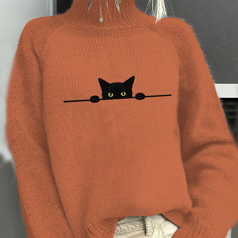 Women's Casual Funny Black Cat Print High Neck Sweater