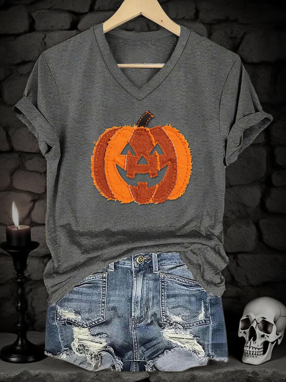 Women's Halloween Denim Patchwork Pumpkin Face Print V-Neck Short Sleeve T-Shirt