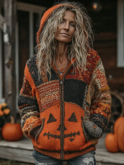 Halloween Pumpkin Face Patchwork Art  Cozy Knit Hooded Cardigan