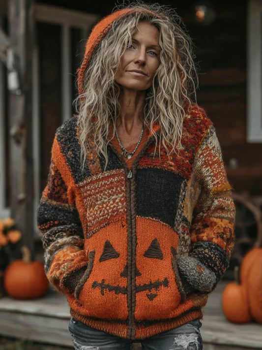 Halloween Pumpkin Face Patchwork Art  Cozy Knit Hooded Cardigan