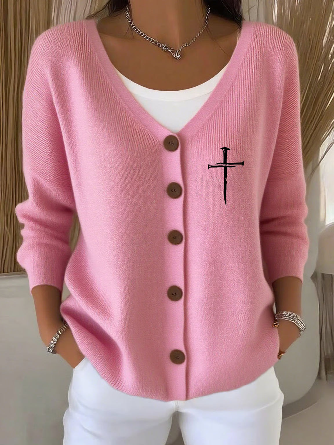 Women'S Faith Cross Print knitted cardigan