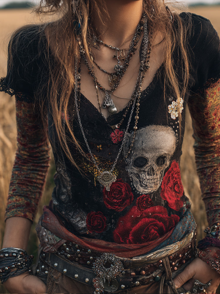 Women's Flower-skull Black Vintage Short-sleeved Shirt